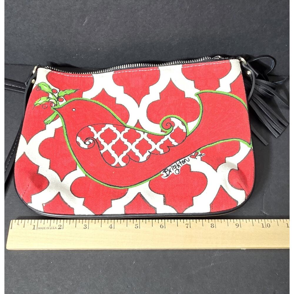 Brighton “Love Dove” Crossbody Pouch Merry & Bright Art Red Black Zip‎ Tassel - Picture 5 of 13